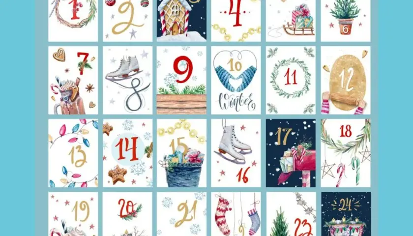 Kolorowy kalendarz adwentowy z ilustracjami od 1 do 24. Ile dni do świąt? 24!